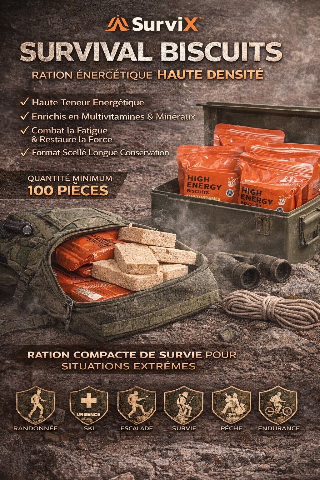 Pack de 100 SurviX Survie Biscuits – Ration Énergétique Haute Densité