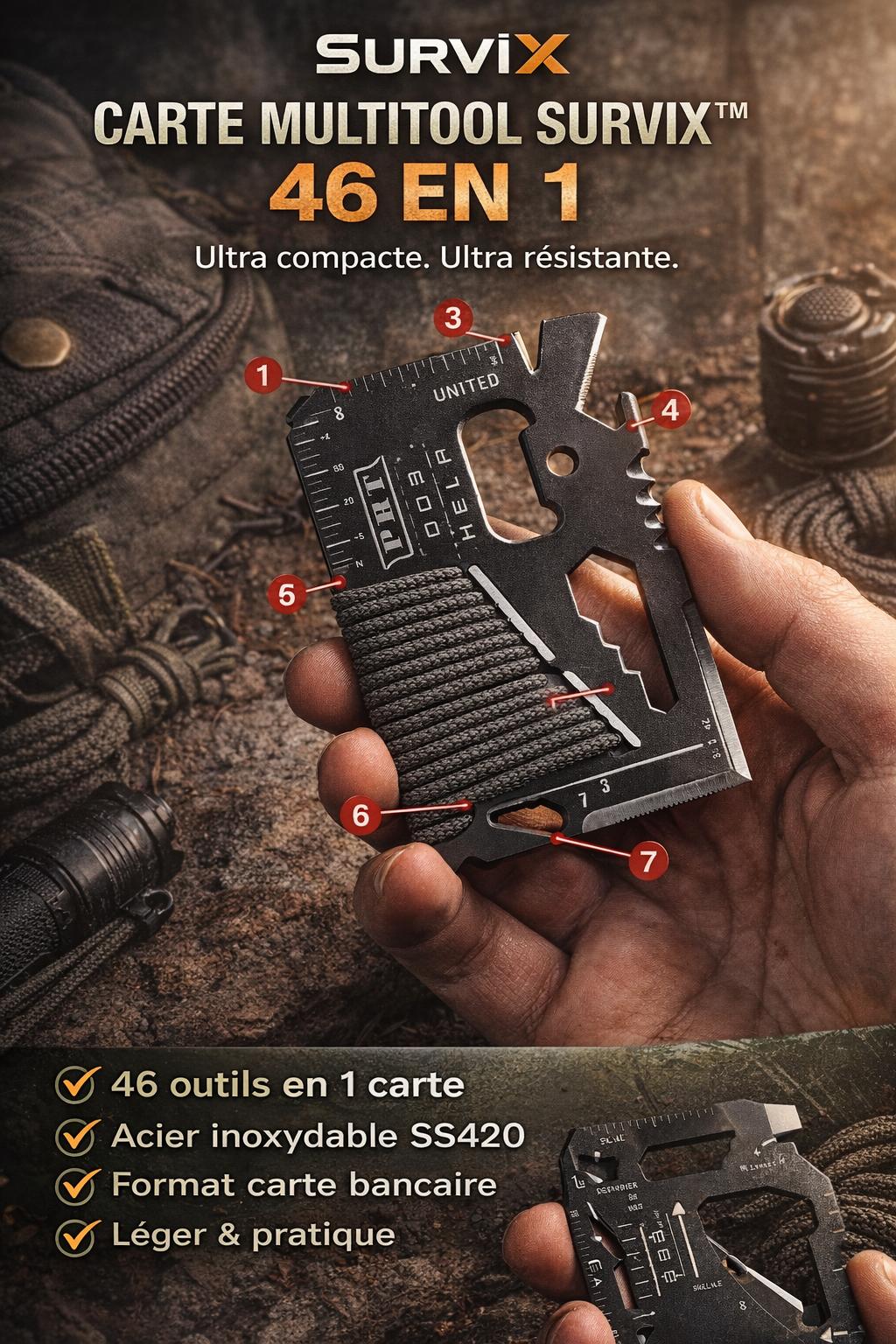 Carte Multitool SurviX™ 46-en-1 – Outil de Survie Format Carte Bancaire en Acier Inoxydable SS420