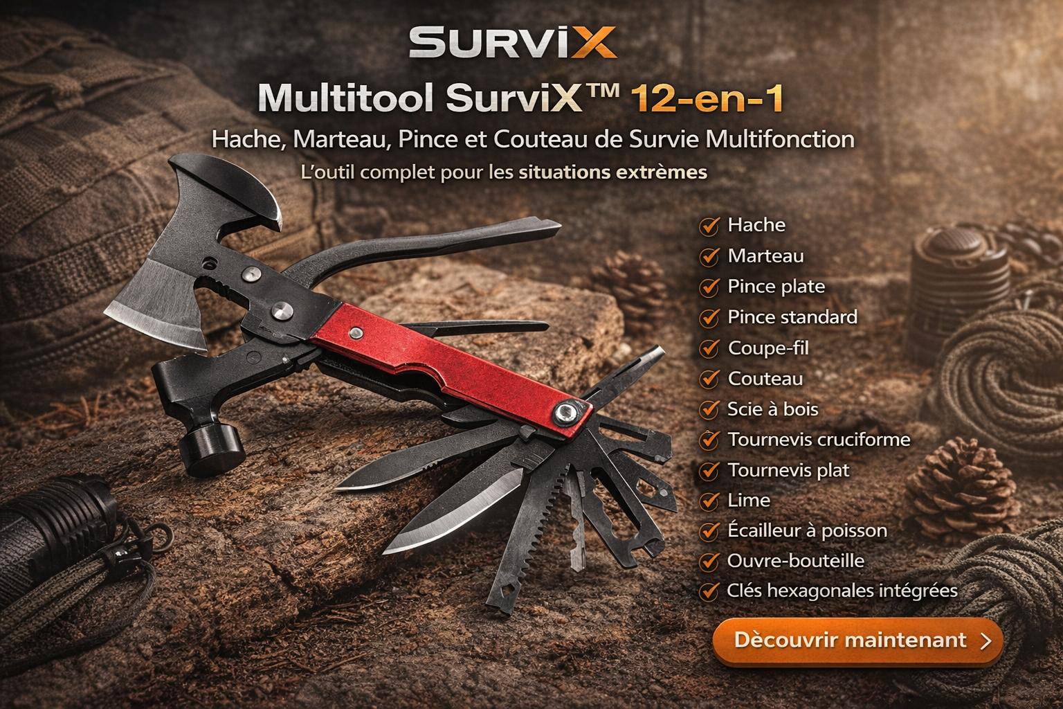 Multitool SurviX™ 12-en-1 – Hache, Marteau, Pince et Couteau de Survie Multifonction
