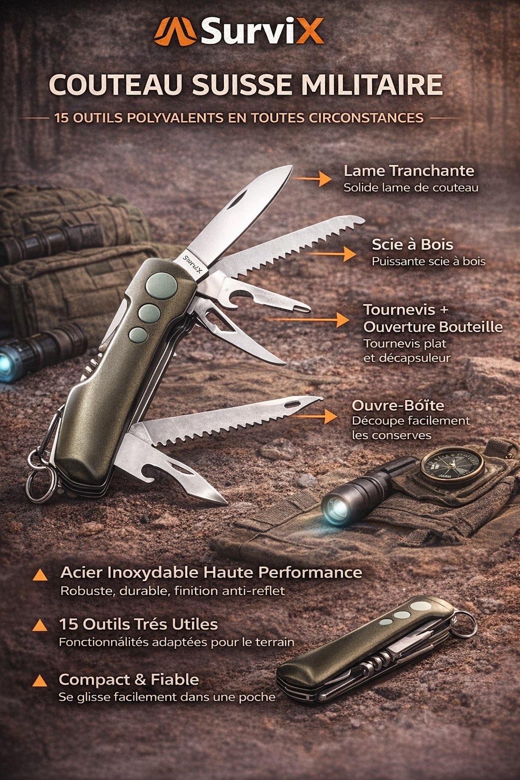 Couteau Suisse Militaire 15 en 1 – Multifonction en Acier Inoxydable Haute Performance