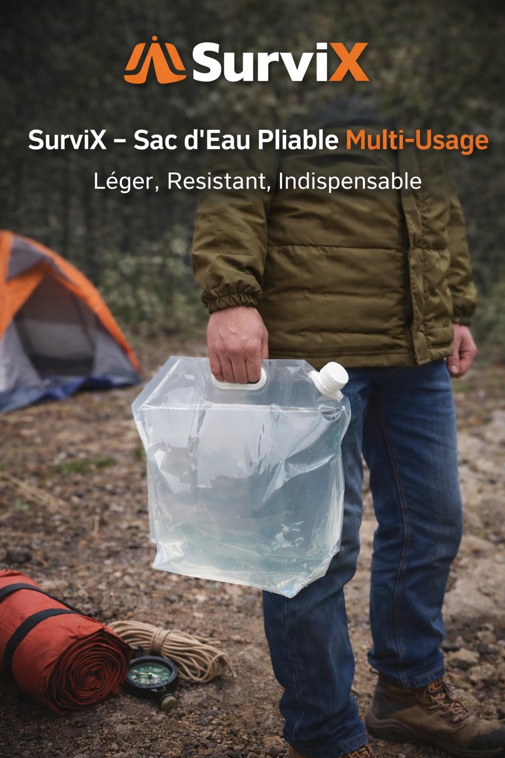 SurviX – Sac d’Eau Pliable Multi-Usage | Léger, Résistant, Indispensable