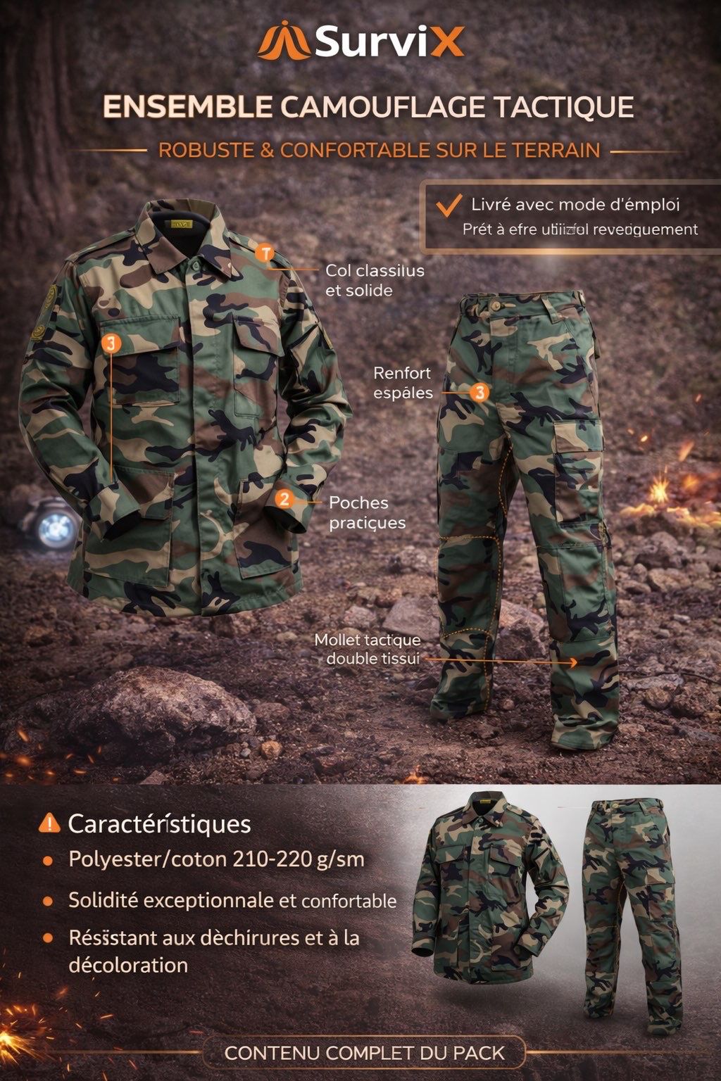 Ensemble Camouflage Tactique SurviX – Robustesse et Confort sur le Terrain