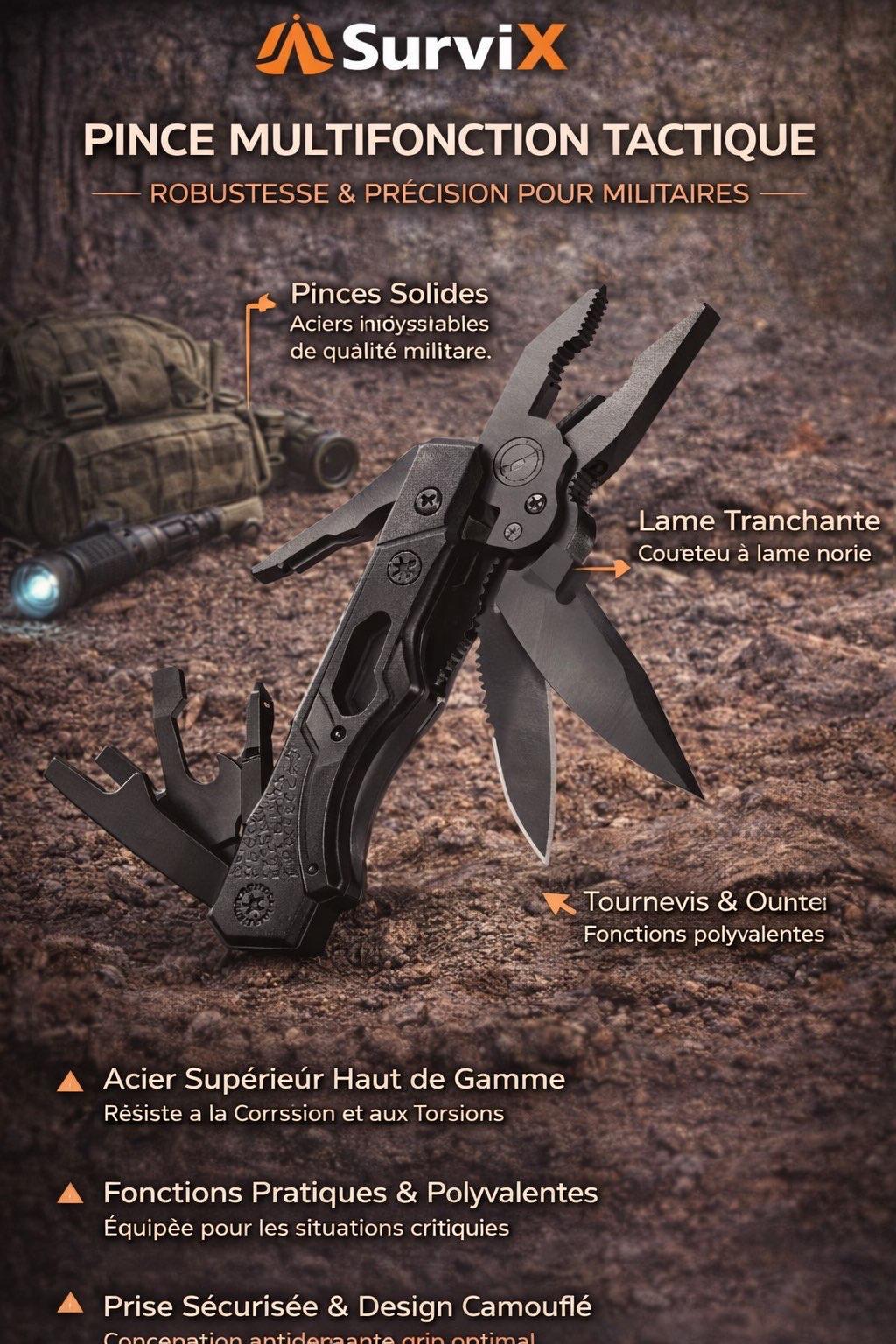 Pince Multifonction  Tactique – SurviX Outil Polyvalent en Acier Haute Résistance