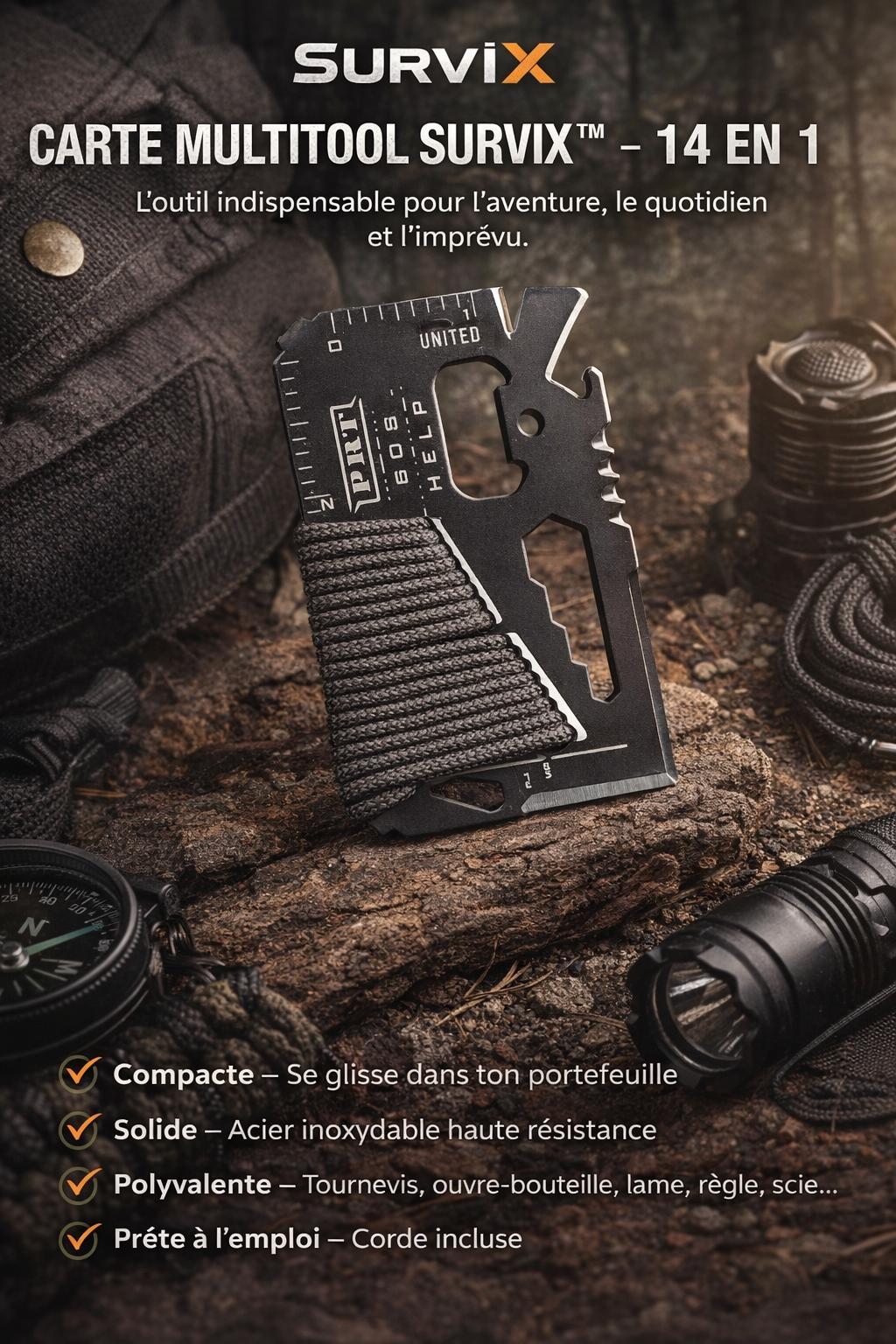 Carte Multitool SurviX™ 14-en-1 – Outil de Survie Compact en Acier Inoxydable
