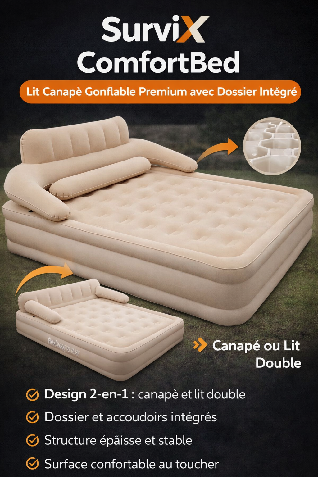 SurviX™ ComfortBed – Lit Canapé Gonflable Premium avec Dossier Intégré