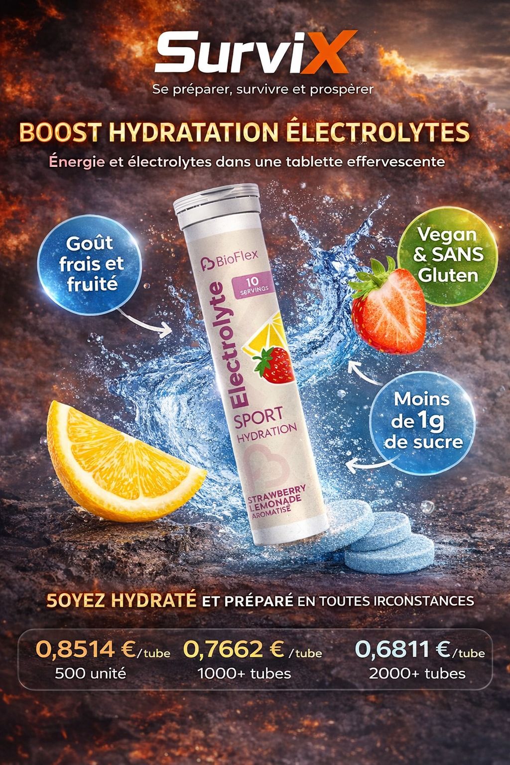 Boost Hydratation SurviX – Tablettes Électrolytes Effervescentes