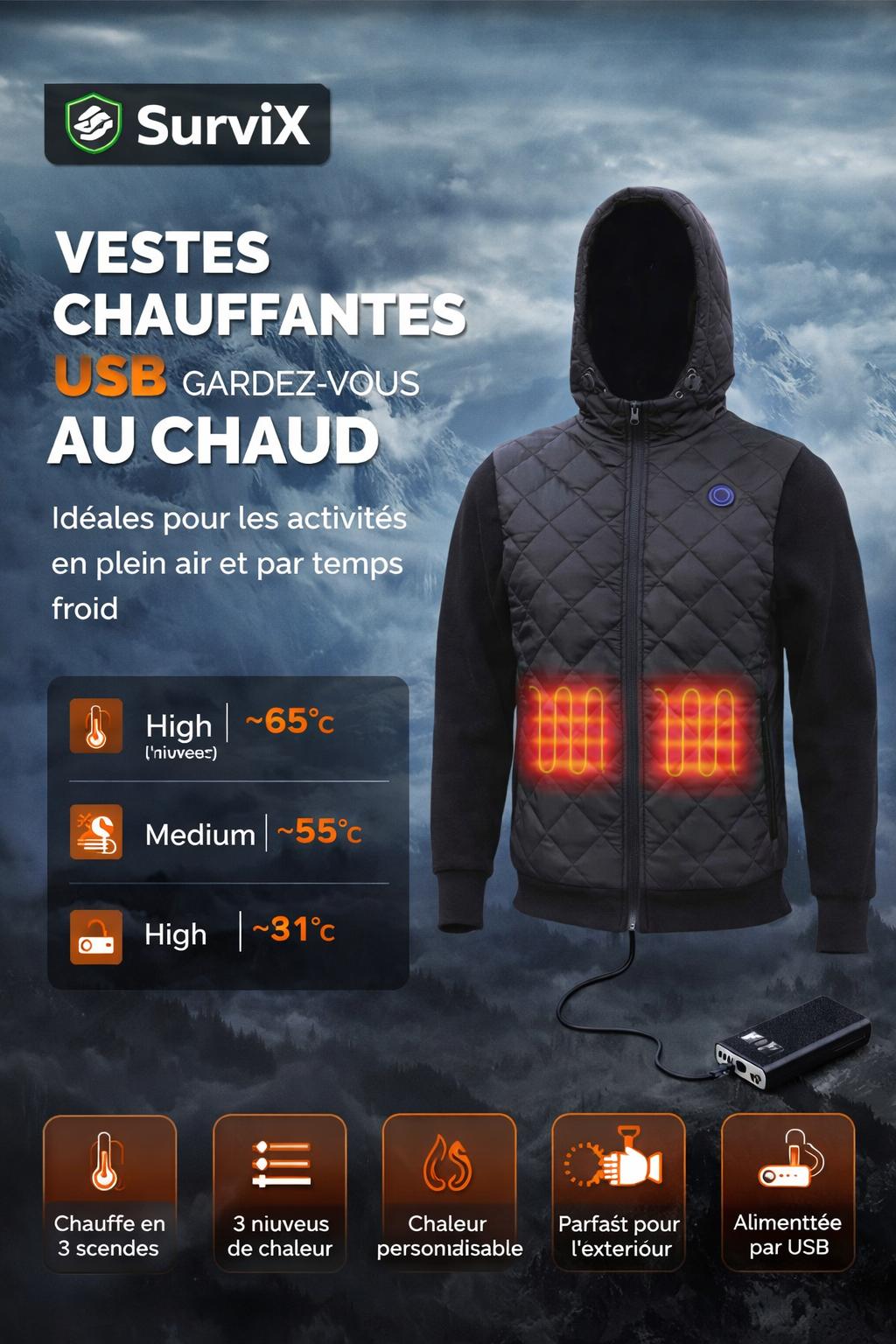 Veste Chauffante USB SurviX™ – 3 Niveaux de Chaleur | Autonomie Longue Durée | Idéale Grand Froid
