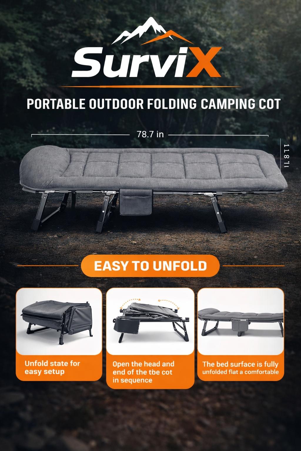 Lit Pliant SurviX™ Confort Pro – Portable, Robuste et Facile à Déplier