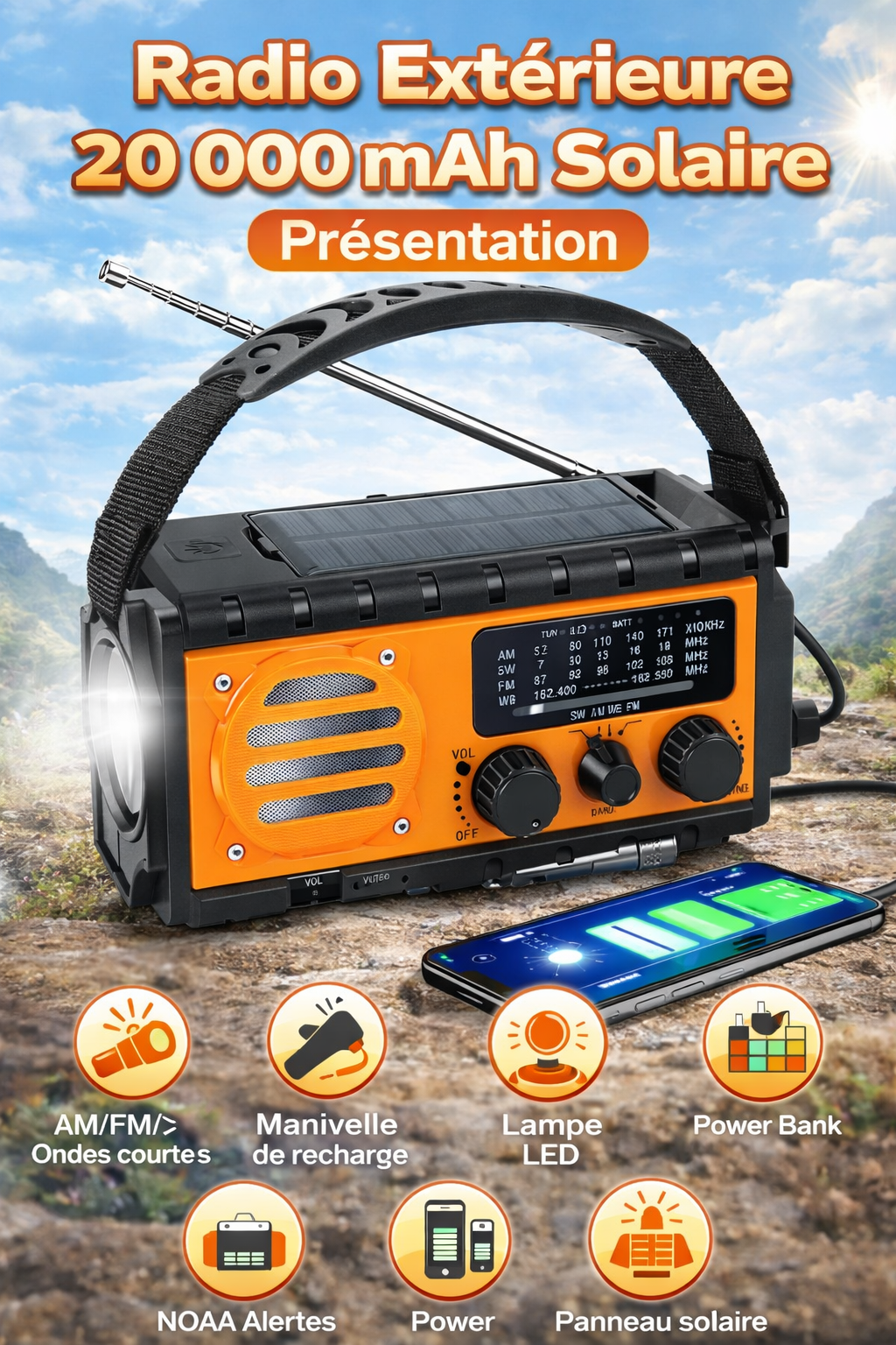 Radio de Survie Extérieure 20 000 mAh – Solaire, Manivelle & Batterie Haute Capaci