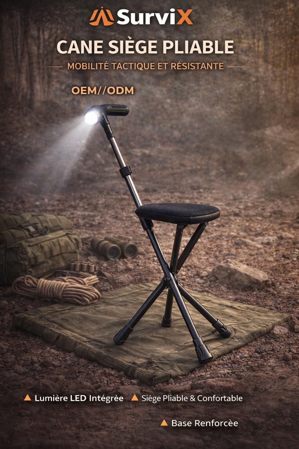 Cane Siège Pliable SurviX – Mobilité tactique et confort renforcé