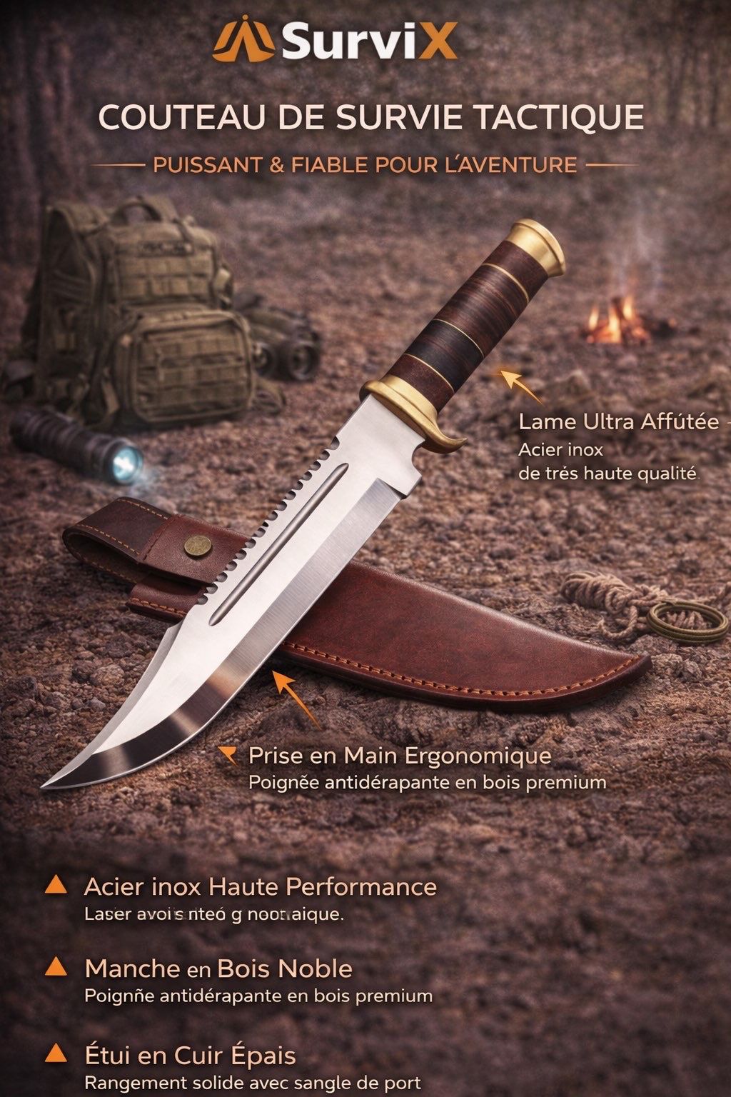 Couteau de Survie Tactique – Lame Ultra Affûtée en Acier Inox & Manche Ergonomique