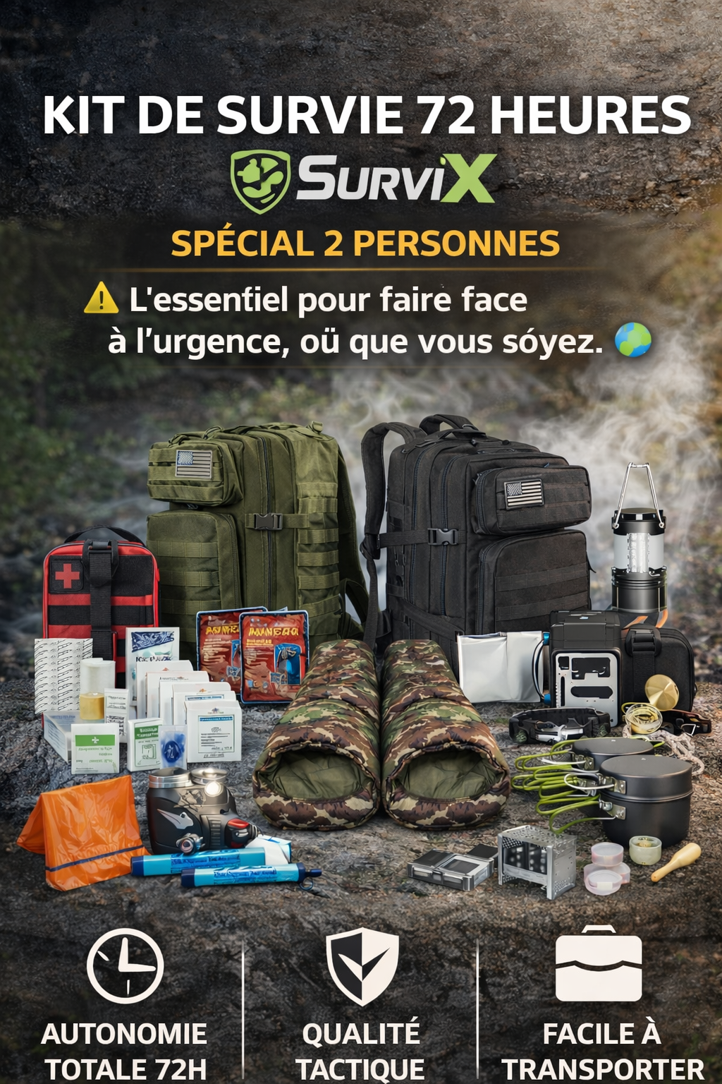 🎒 Kit de Survie 72 Heures 
SurviX
 – Spécial 2 Personnes