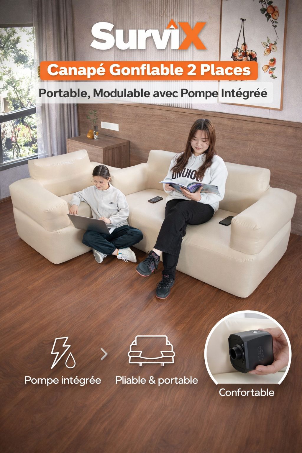 Canapé Gonflable 2 Places SurviX - Confort instantané avec Pompe Intégrée