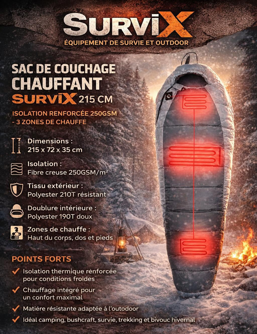 Sac de couchage chauffant SurviX 215 cm – Isolation renforcée 250GSM – 3 zones de chauffe