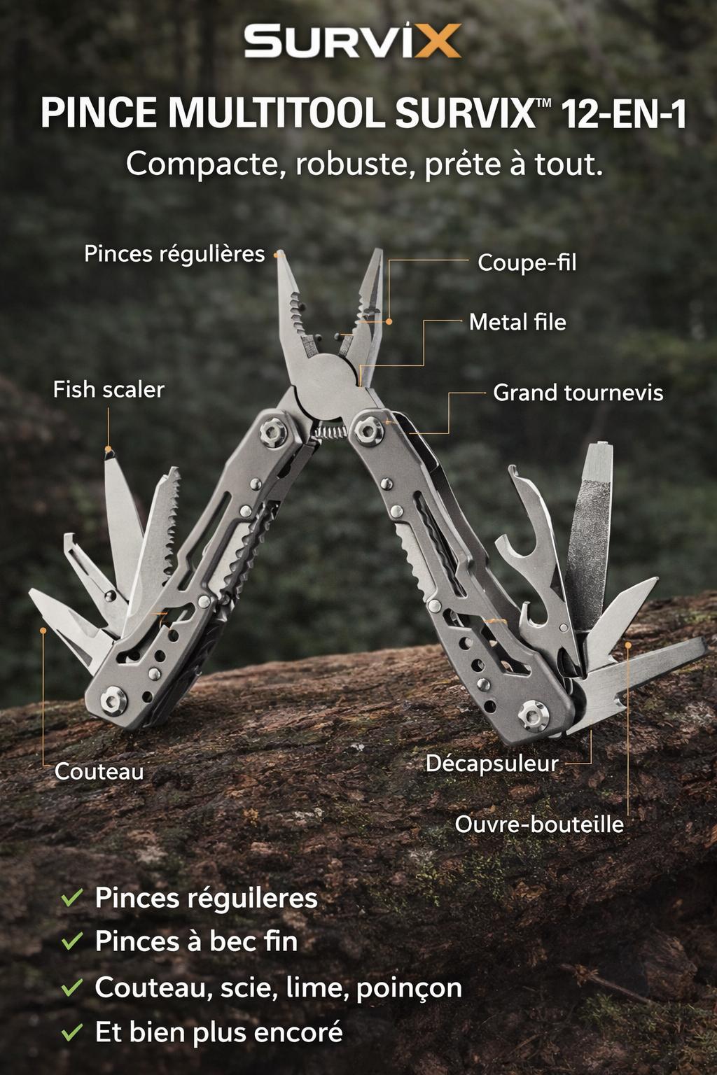 Pince Multitool SurviX™ 12-en-1 – Outil de Survie Compact en Acier Inoxydable